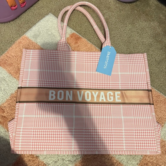 Sojourne Luggage “Bonjour” Pink Checkered Tote Bag NWT*** - Picture 2 of 8